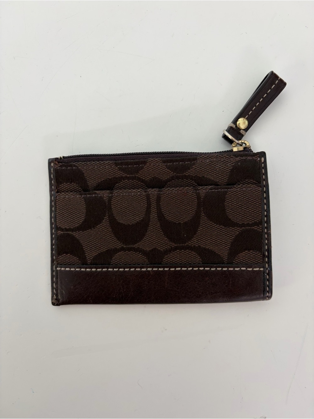 Coach Signature Jacquard Brown Leather Zip Keychain Coin Purse Card Case - Picture 3 of 8